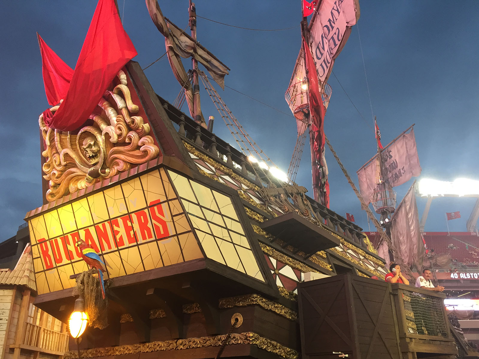 A pirate ship on the main concourse is a prominent feature of Raymond James Stadium in Tampa, Florida