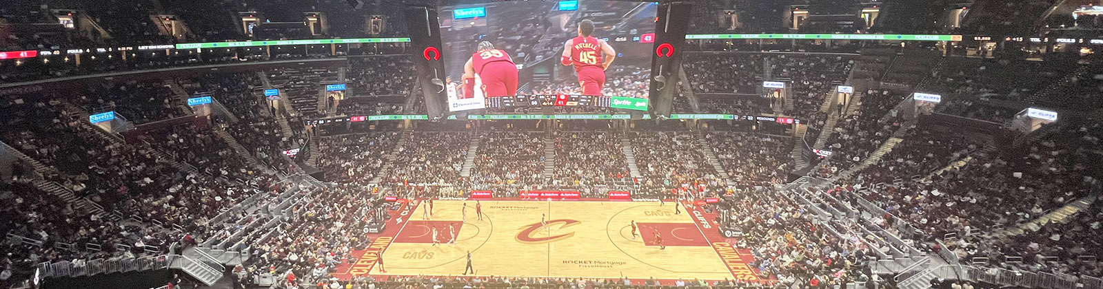 Panoramic view of the court and seating bowl at Rocket Arena in Cleveland, Ohio, during a Cavaliers basketball game