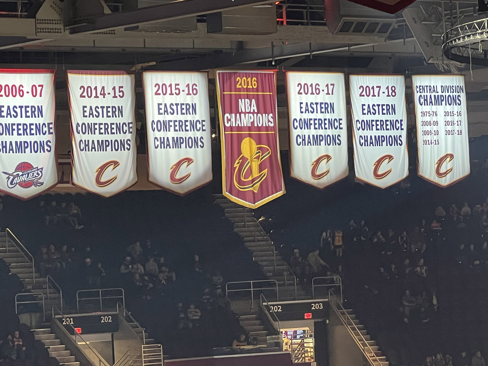 The Cavaliers' title banners hang from the rafters at Rocket Arena in Cleveland, Ohio