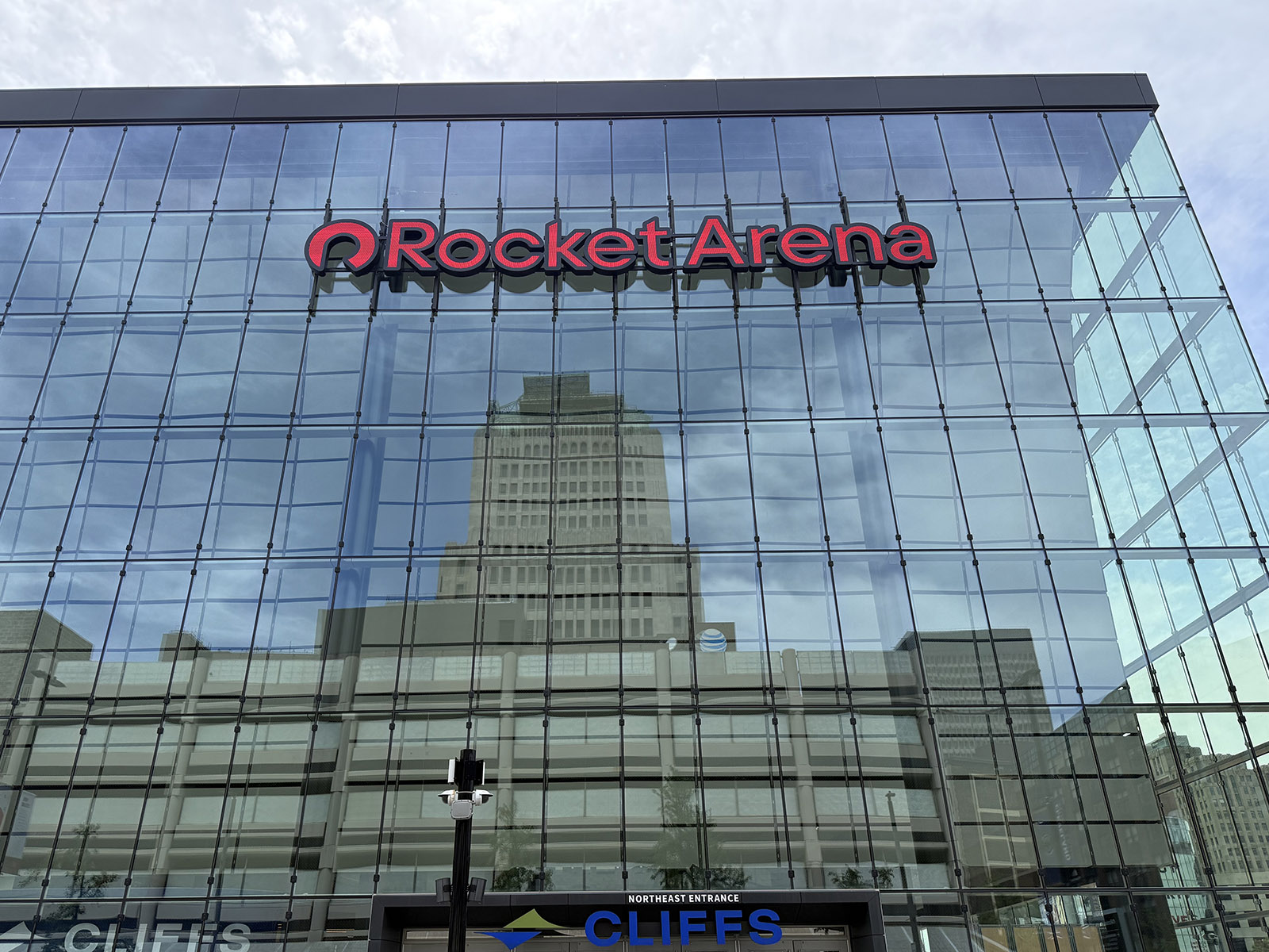 The glass exterior of Rocket Arena in Cleveland, Ohio