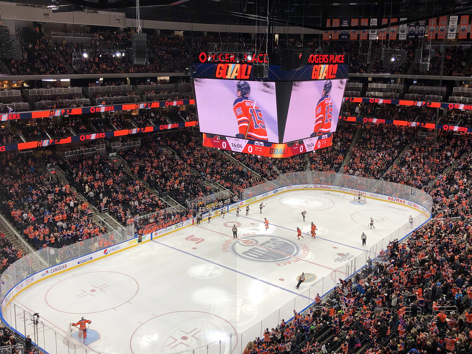 View of the rink at Rogers Place in Edmonton, Alberta, during an Oilers hockey game