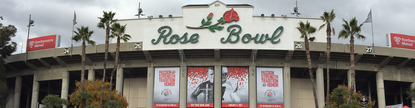Panoramic view of the famous marquee at the Rose Bowl in Pasadena, California