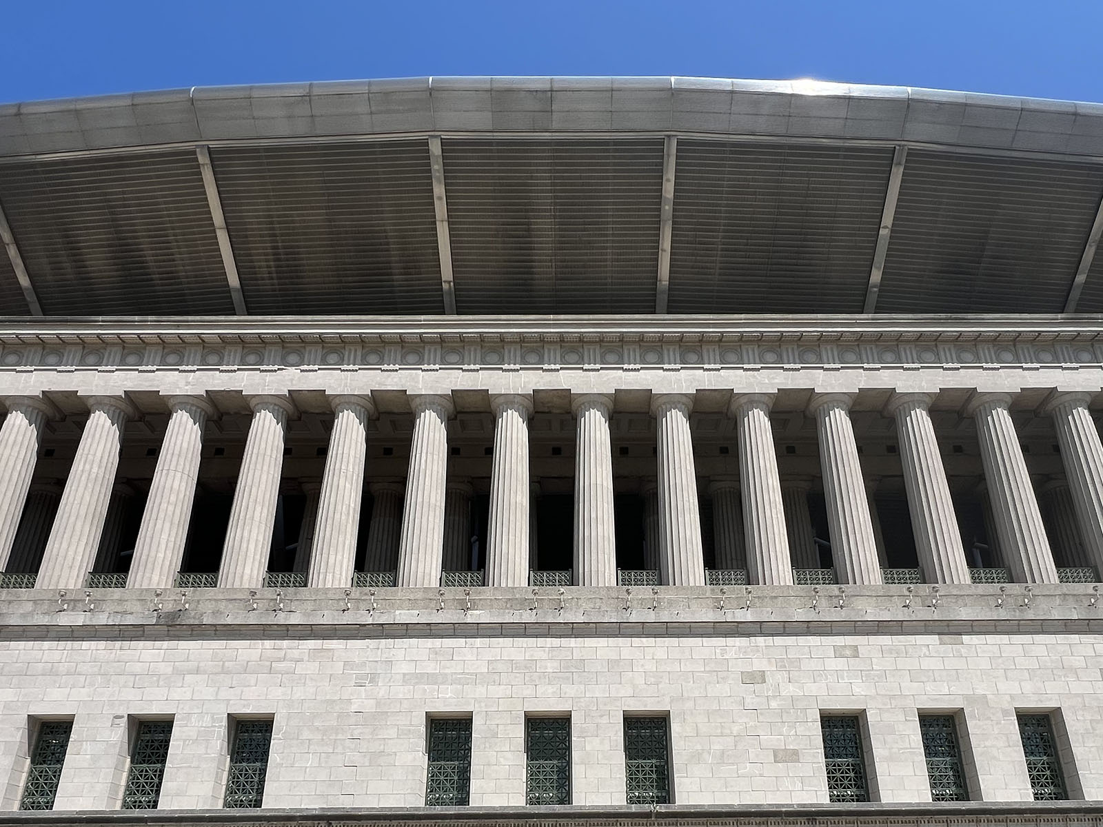 Distinctive columns mark the exterior of Soldier Field, a football stadium in Chicago, Illinois