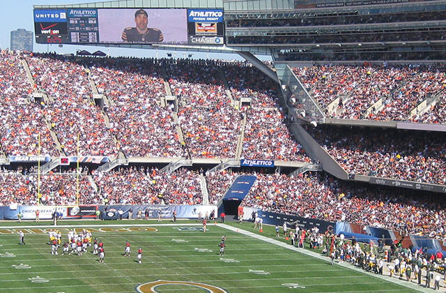Panoramic view of the seating bowl at Soldier Field in Chicago, Illinois, during a Bears football game