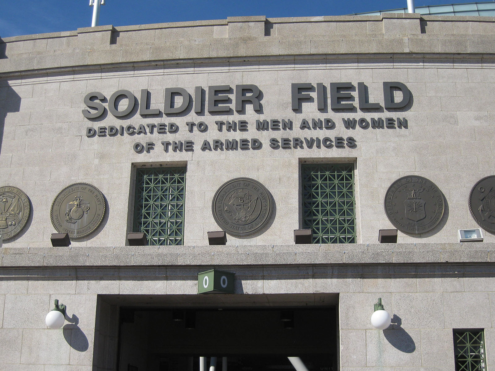 Signage on the façade of Soldier Field, a stadium in Chicago, Illinois