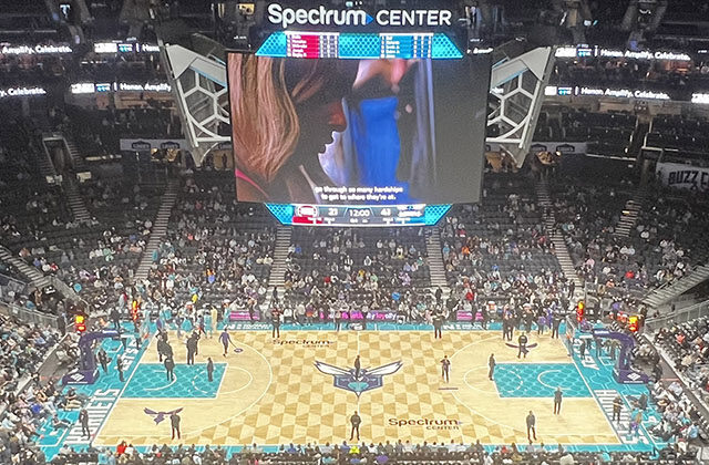Panoramic view of the court at Spectrum Center in Charlotte, North Carolina, during a Hornets basketball game
