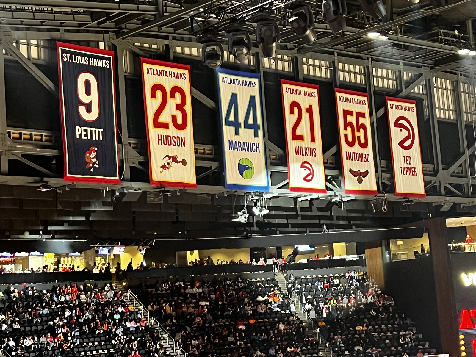 The Hawks' retired numbers hang from the rafters at State Farm Arena in Atlanta, Georgia