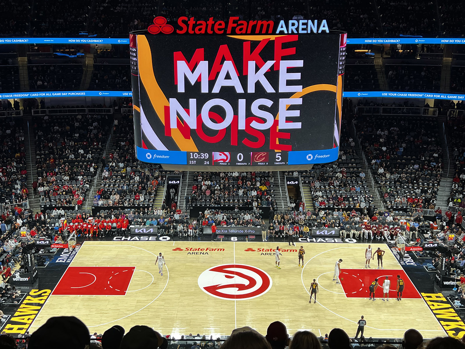 View of the court at State Farm Arena in Atlanta, Georgia, during a Hawks basketball game