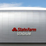 Panoramic view of the exterior of State Farm Stadium in Glendale, Arizona