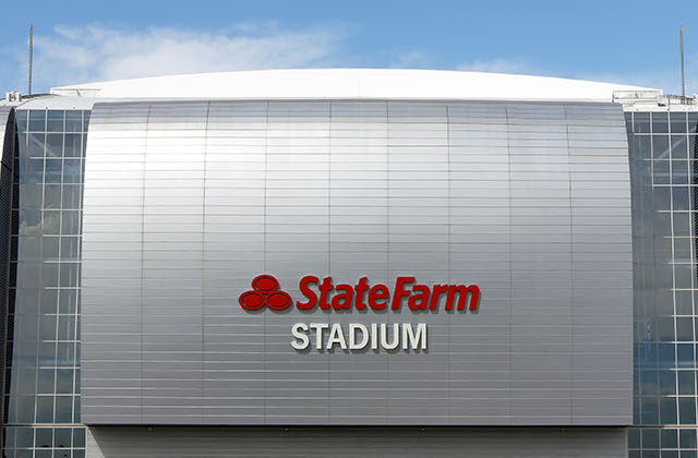 Panoramic view of the exterior of State Farm Stadium in Glendale, Arizona