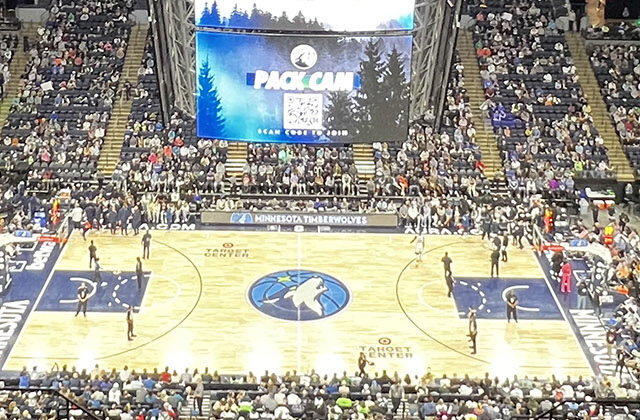 Panoramic view of the court at Target Center in Minneapolis, Minnesota, during a Timberwolves basketball game