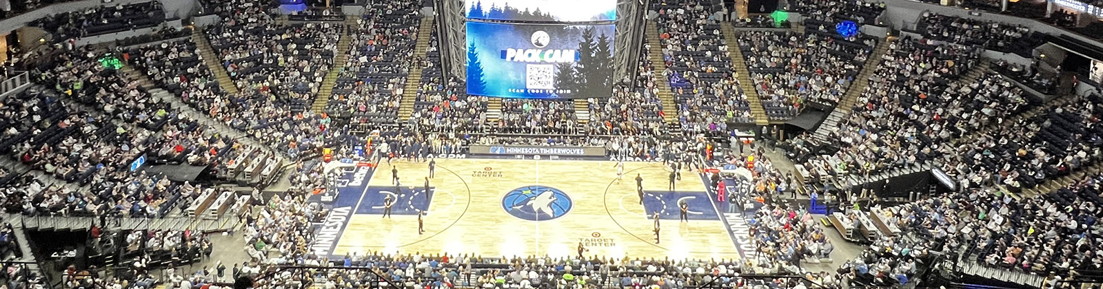 Panoramic view of the court at Target Center in Minneapolis, Minnesota, during a Timberwolves basketball game