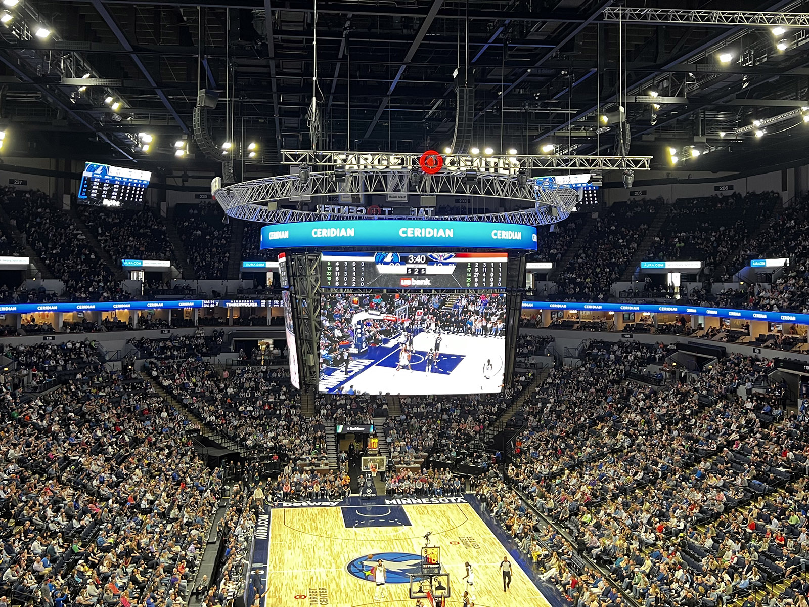 View of the court and seating bowl at Target Center in Minneapolis, Minnesota, during a Timberwolves basketball game