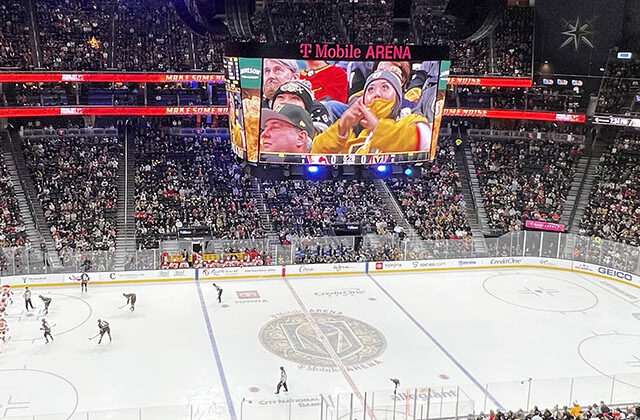 Panoramic view of the seating bowl and rink at T-Mobile Arena in Las Vegas, Nevada, during a Golden Knights hockey game