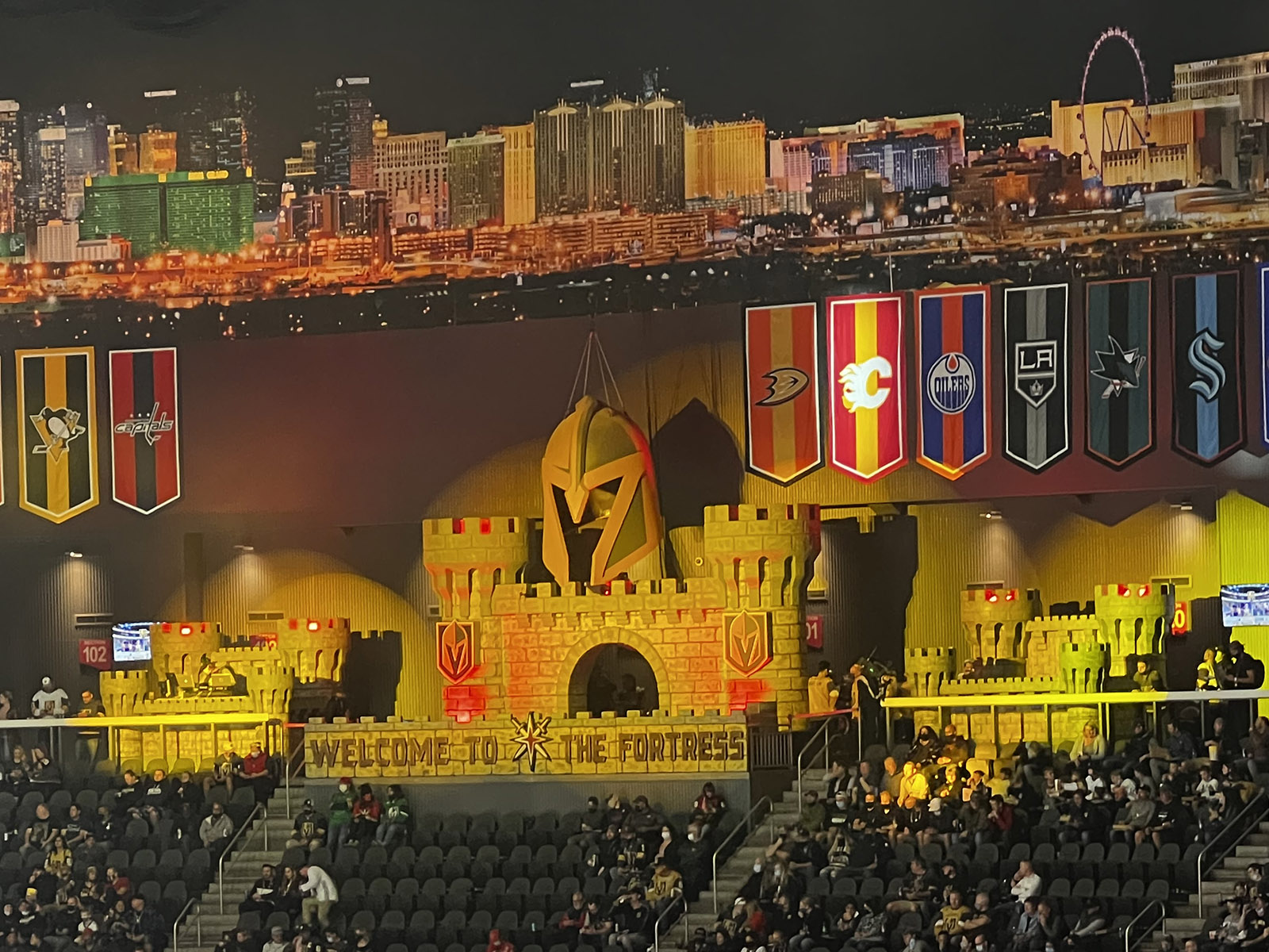 The Golden Knights' fortress display is located above the upper seating level at T-Mobile Arena in Las Vegas, Nevada