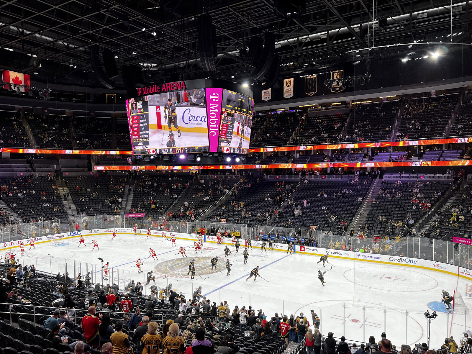 Players warm up on the ice prior to a Golden Knights hockey game at T-Mobile Arena in Las Vegas, Nevada