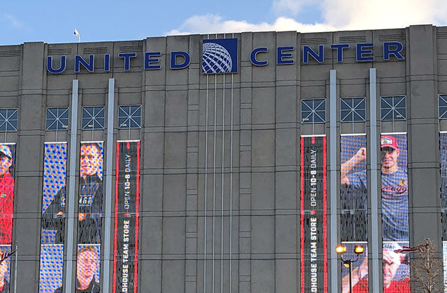 Panoramic view of the exterior of United Center in Chicago, Illinois