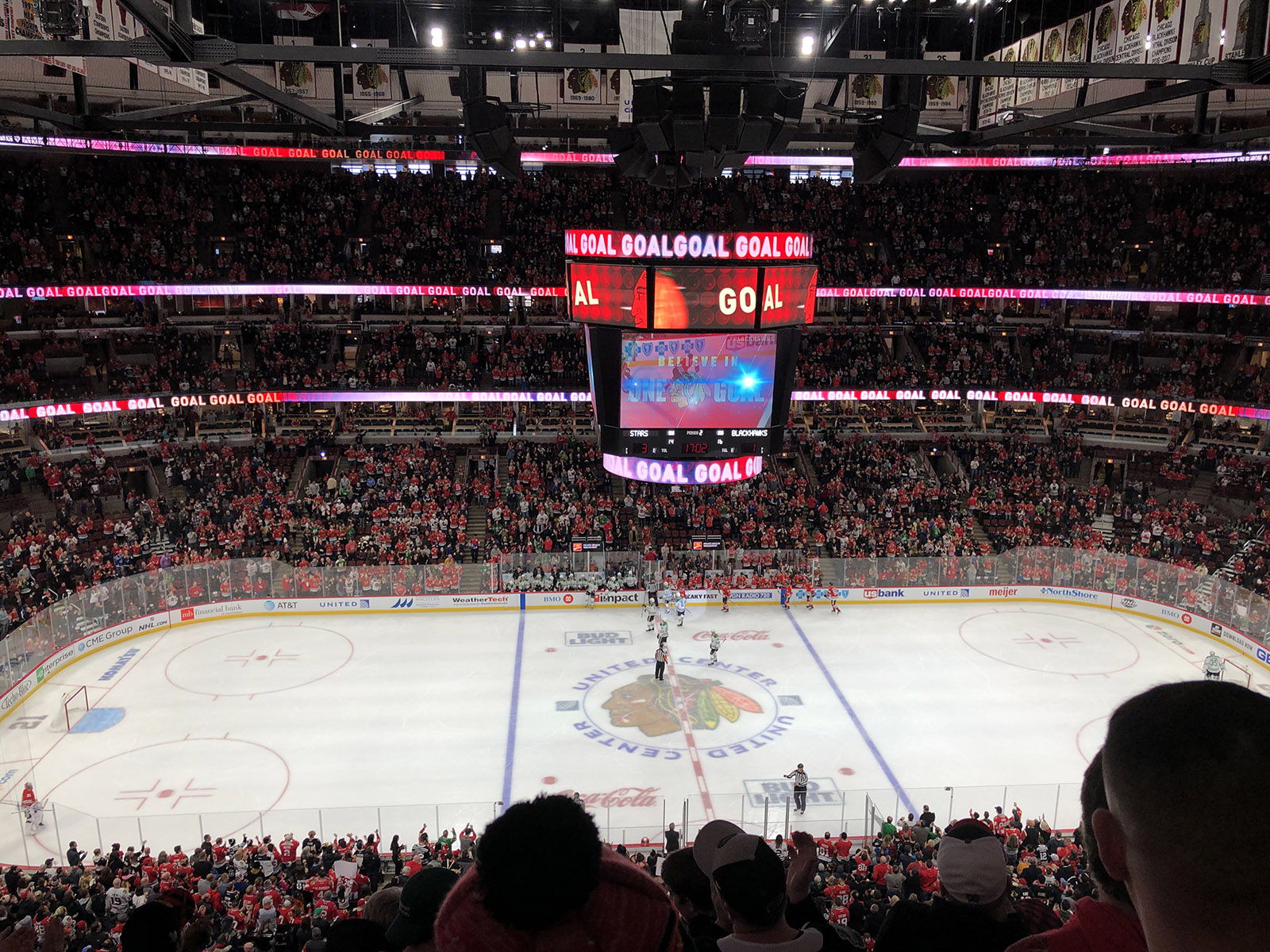View of the rink during a Blackhawks hockey game at the United Center in Chicago, Illinois