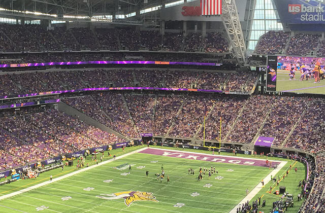 View of the field and stands at US Bank Stadium in Minneapolis during a Vikings football game