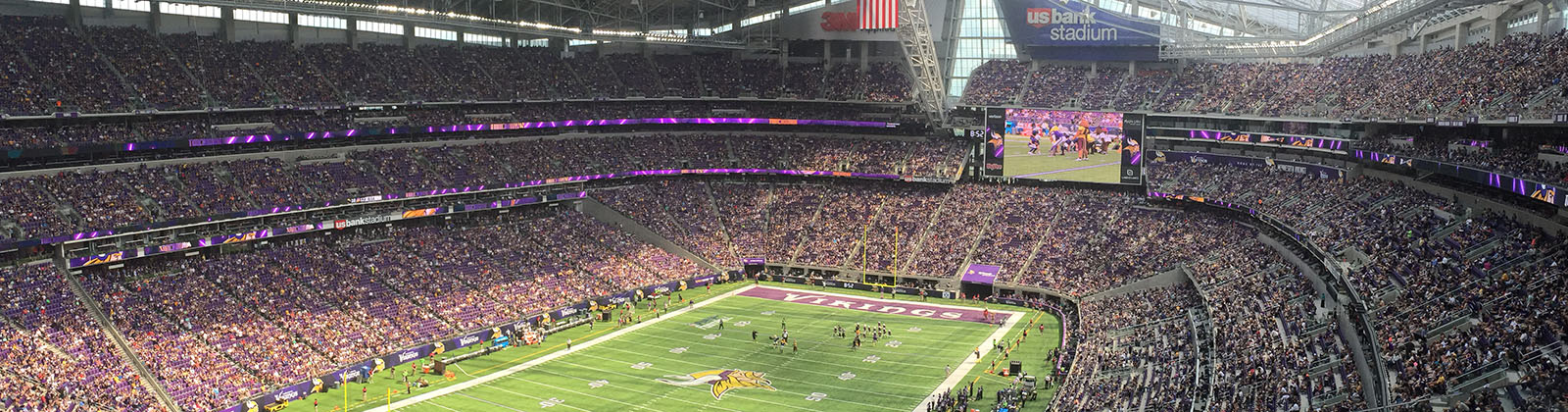 View of the field and stands at US Bank Stadium in Minneapolis during a Vikings football game