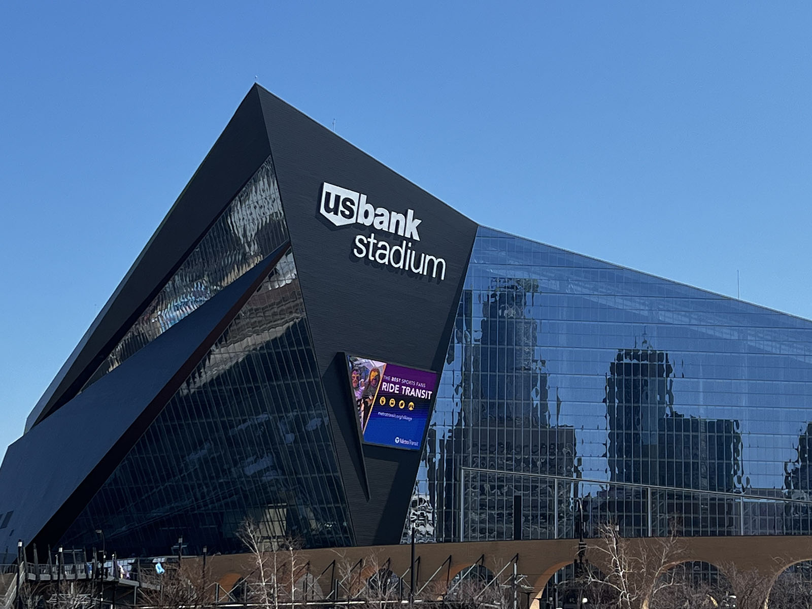 Exterior view of the glass façade at US Bank Stadium in Minneapolis, Minnesota