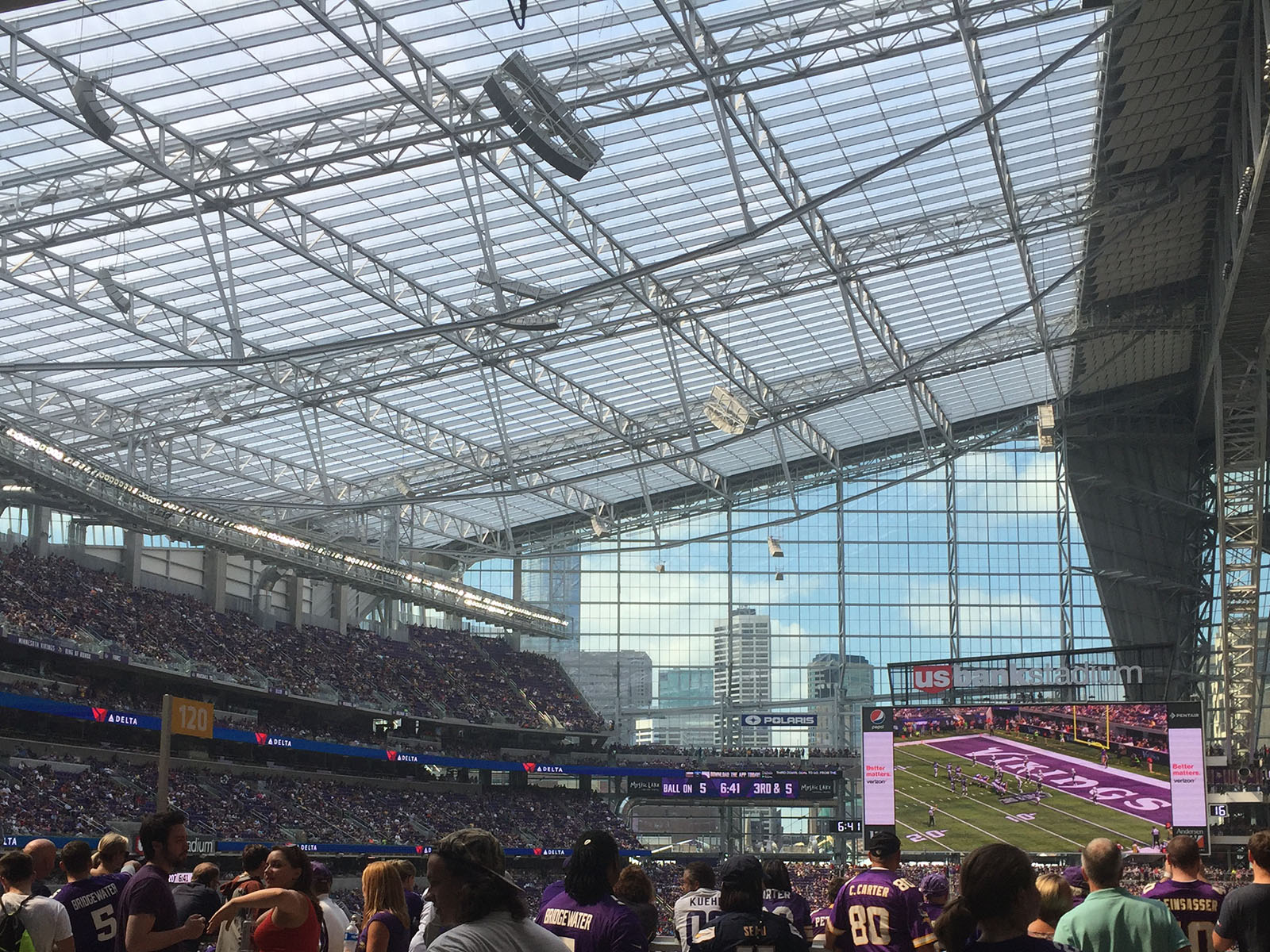 Translucent roof panels allow sunlight into the enclosed structure of US Bank Stadium in Minneapolis, Minnesota