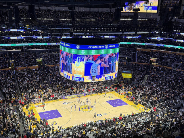 View of the court during a Los Angeles Lakers game at Crypto.com Arena