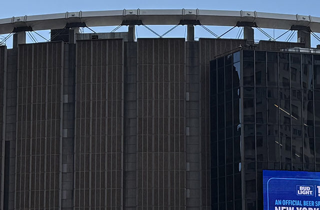 Panoramic view of the exterior of Madison Square Garden in New York City