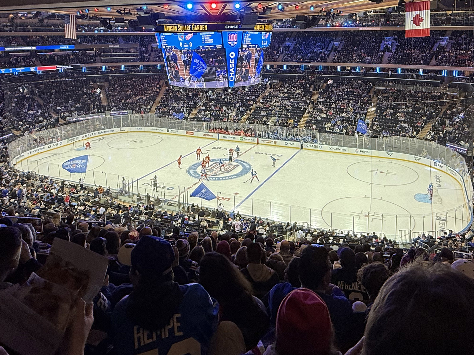 View of the rink at Madison Square Garden in New York City during a Rangers hockey game