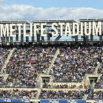 Signage displayed atop the upper façade at MetLife Stadium in East Rutherford, New Jersey