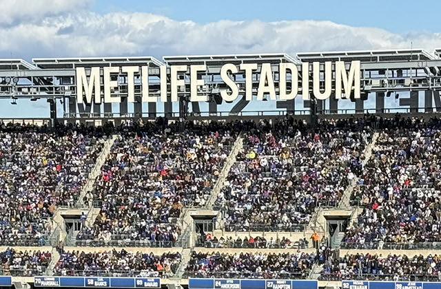Signage displayed atop the upper façade at MetLife Stadium in East Rutherford, New Jersey