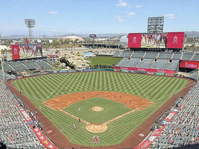 View of the field at Angel Stadium of Anaheim during a Los Angeles Angels baseball game