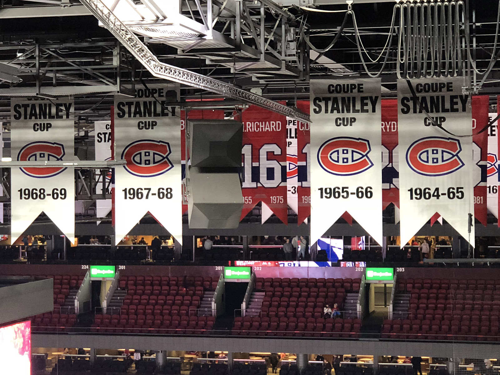 Stanley Cup banners and retired numbers hang from the rafters at Bell Centre in Montreal, Quebec