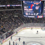 Panoramic view of the rink and seating bowl at Canada Life Centre in Winnipeg, Manitoba, Canada, during a Jets hockey game