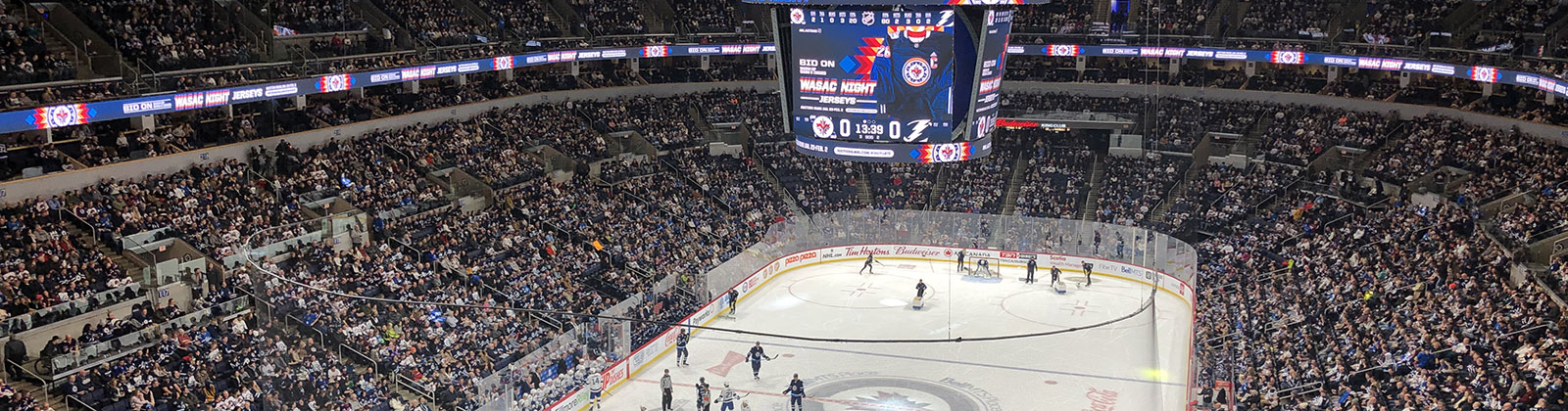 Panoramic view of the rink and seating bowl at Canada Life Centre in Winnipeg, Manitoba, Canada, during a Jets hockey game