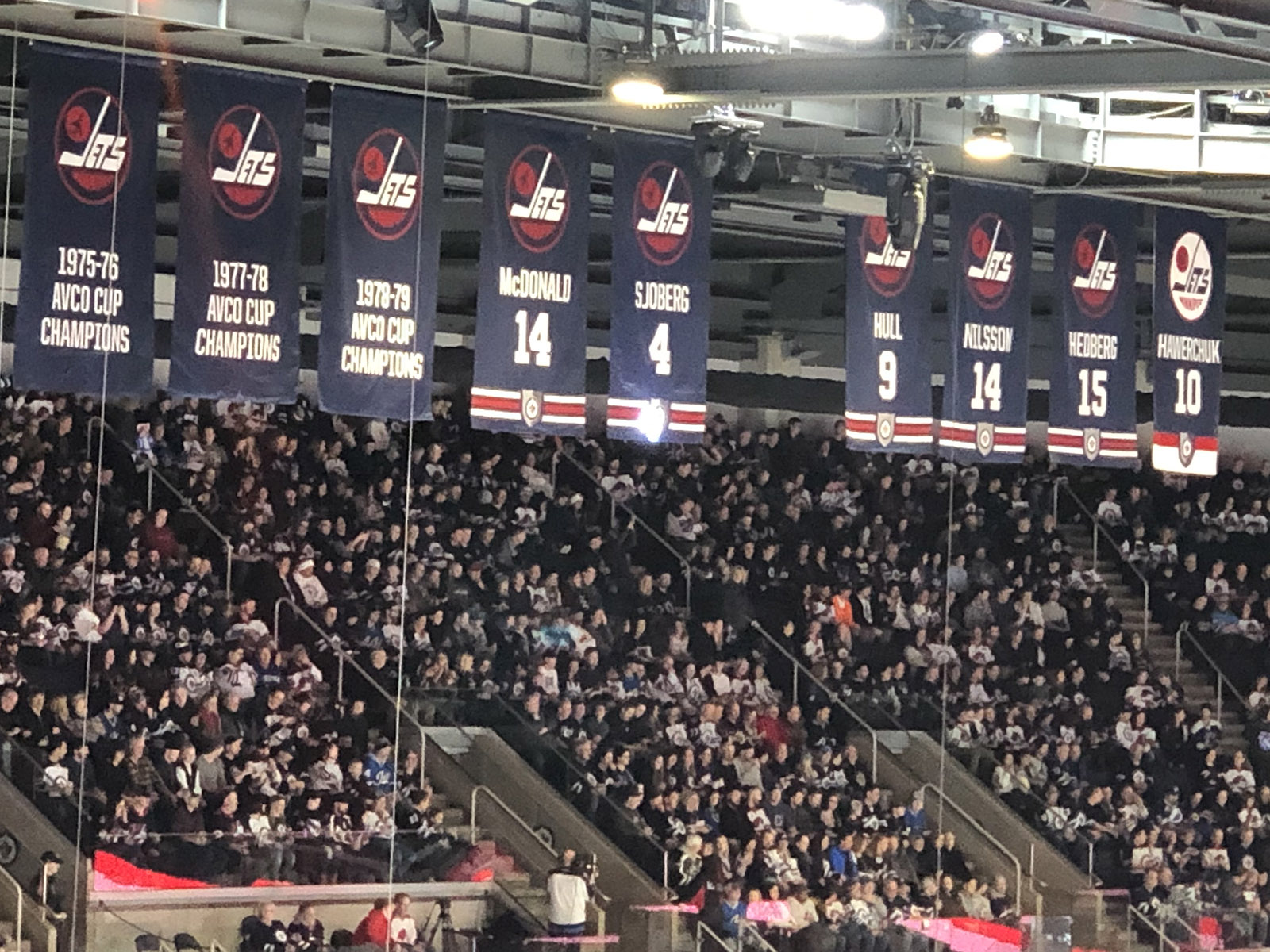 Jets banners hang from the rafters at Canada Life Centre in Winnipeg, Manitoba, Canada