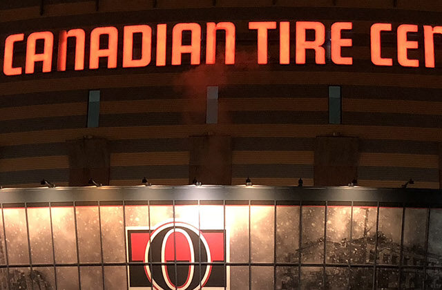 Panoramic view of the exterior of Canadian Tire Centre in Ottawa, Ontario
