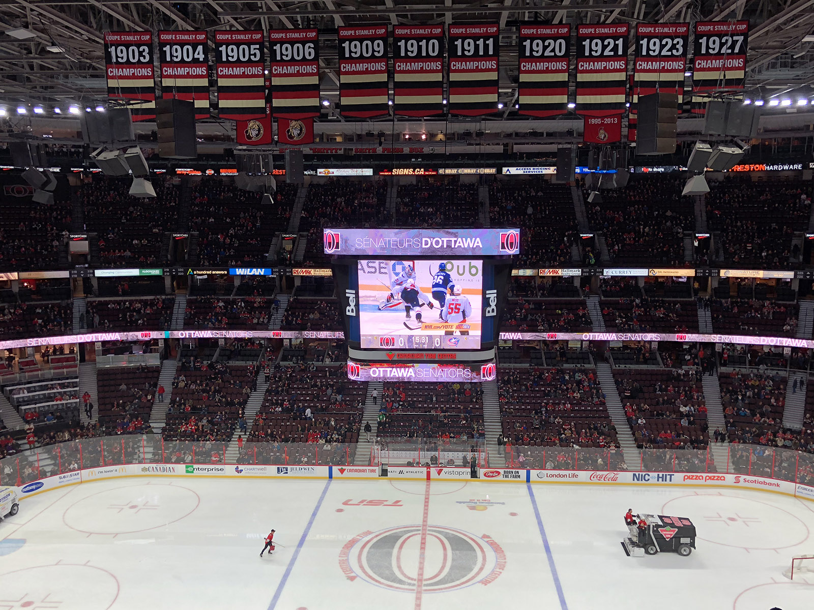 View of the rink at Canadian Tire Centre in Ottawa, Ontario, during a Senators hockey game