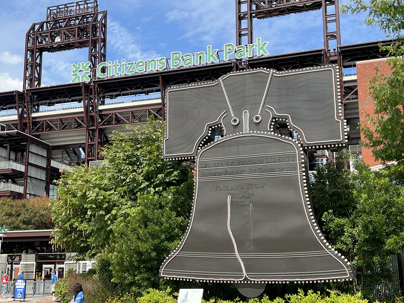 A representation of the Liberty Bell is on display in front of the third-base gate at Citizens Bank Park in Philadelphia, Pennsylvania