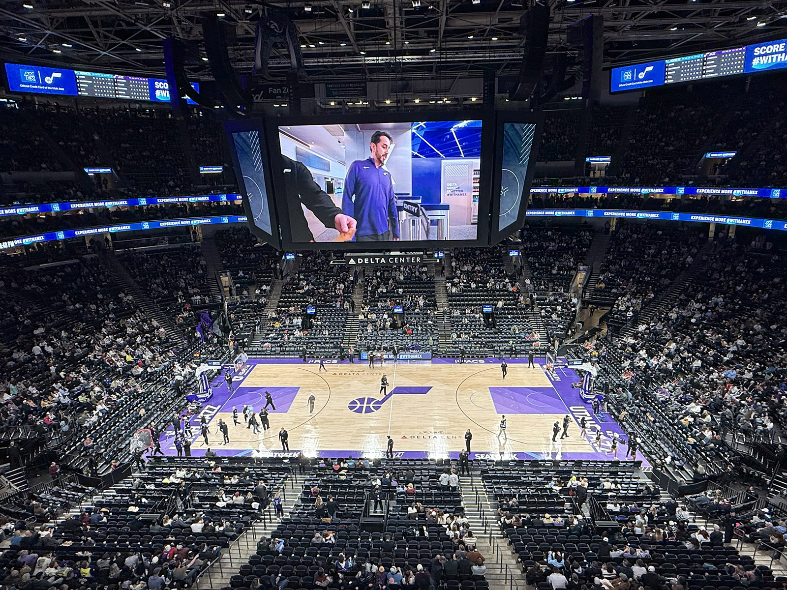 View of the court and seating bowl at Delta Center in Salt Lake City, Utah, during a Jazz basketball game