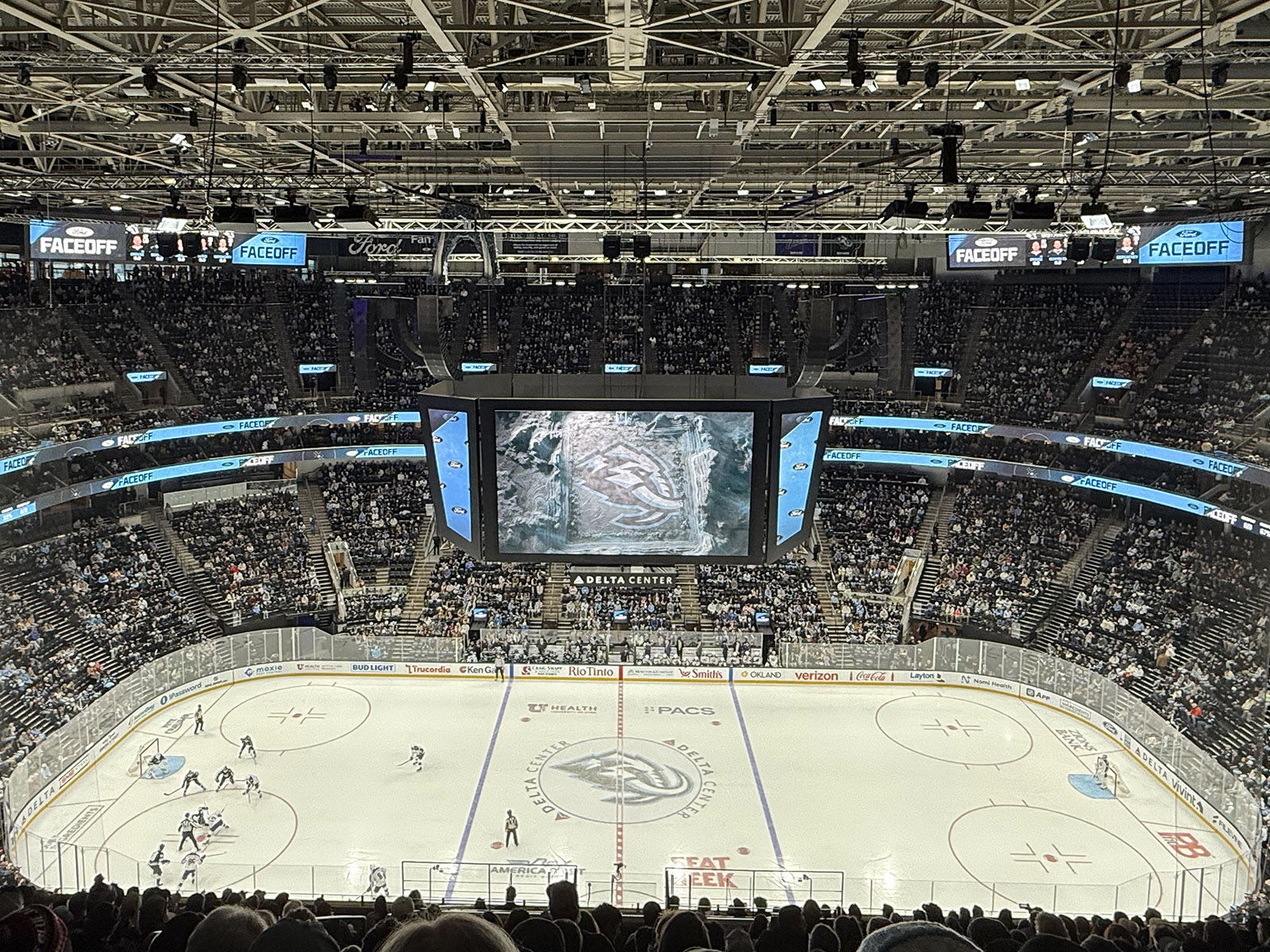 View of the rink and seating bowl at Delta Center in Salt Lake City, Utah, during a Mammoth hockey game