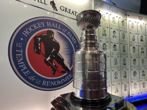 The Stanley Cup on display at the Great Hall in the Hockey Hall of Fame in Toronto, Canada