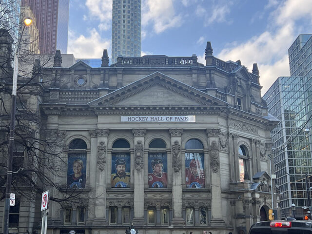 Exterior view of the Hockey Hall of Fame in Toronto, as seen from across Front Street