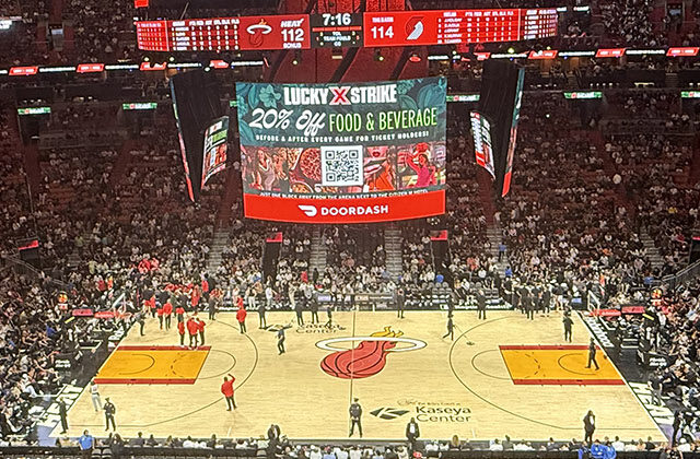 Panoramic view of the court at Kaseya Center in Miami, Florida, during a Heat basketball game