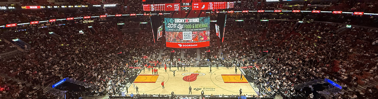 Panoramic view of the court at Kaseya Center in Miami, Florida, during a Heat basketball game