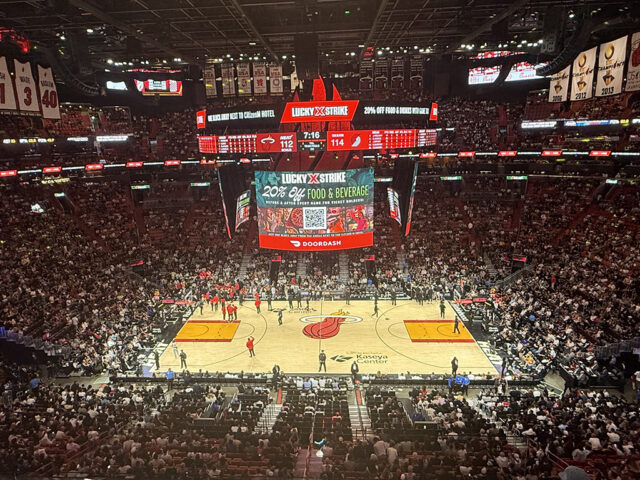 View of the court at Kaseya Center during a Miami Heat basketball game