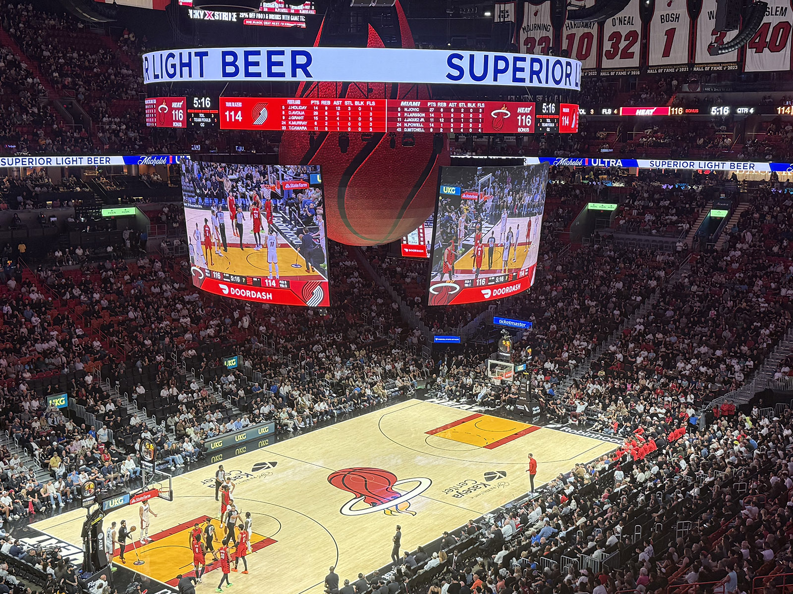 View of the videoboard and court at Kaseya Center in Miami, Florida, during a Heat basketball game