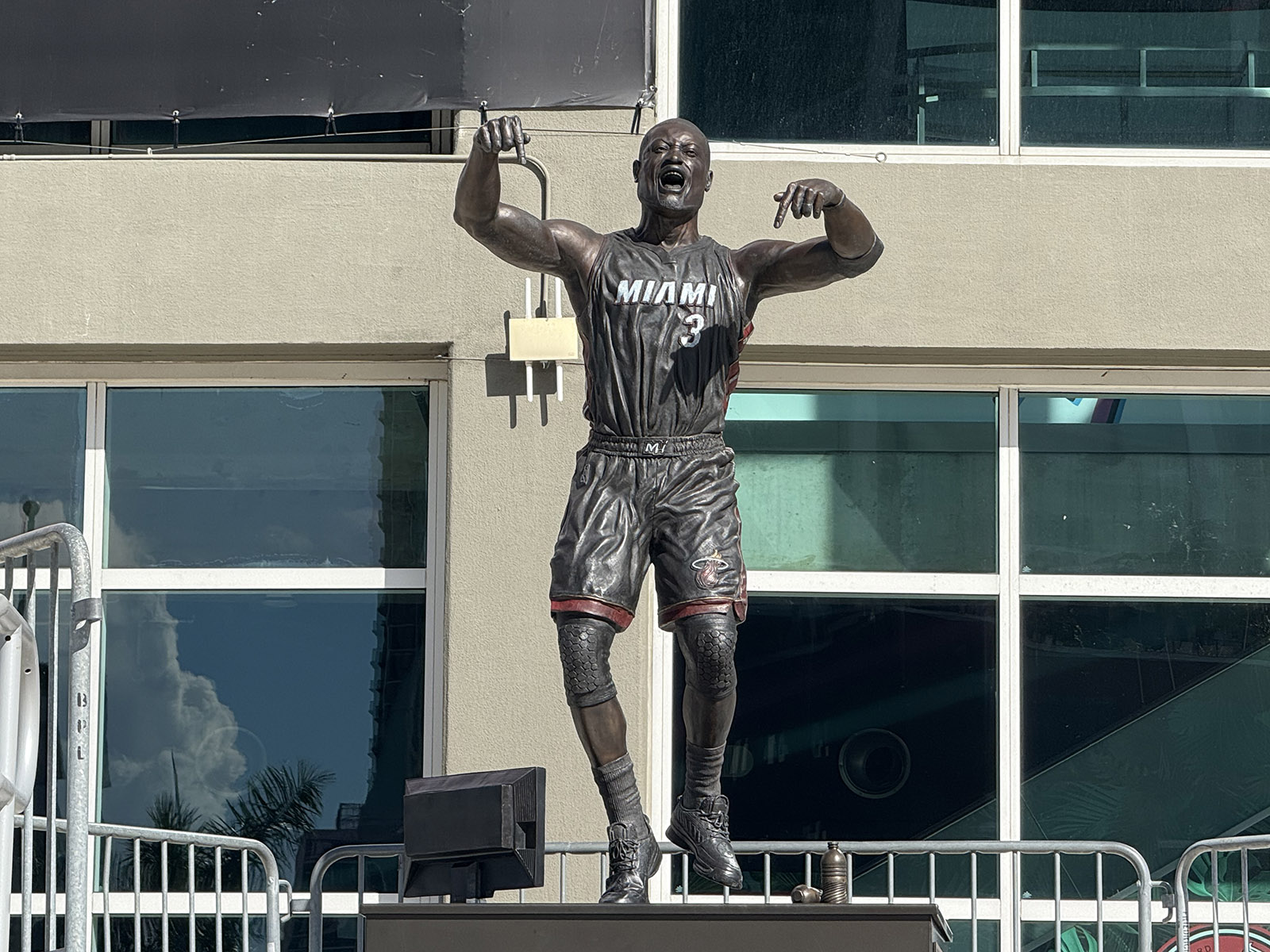 A statue of Heat great Dwyane Wade stands in front of the Kaseya Center in Miami, Florida