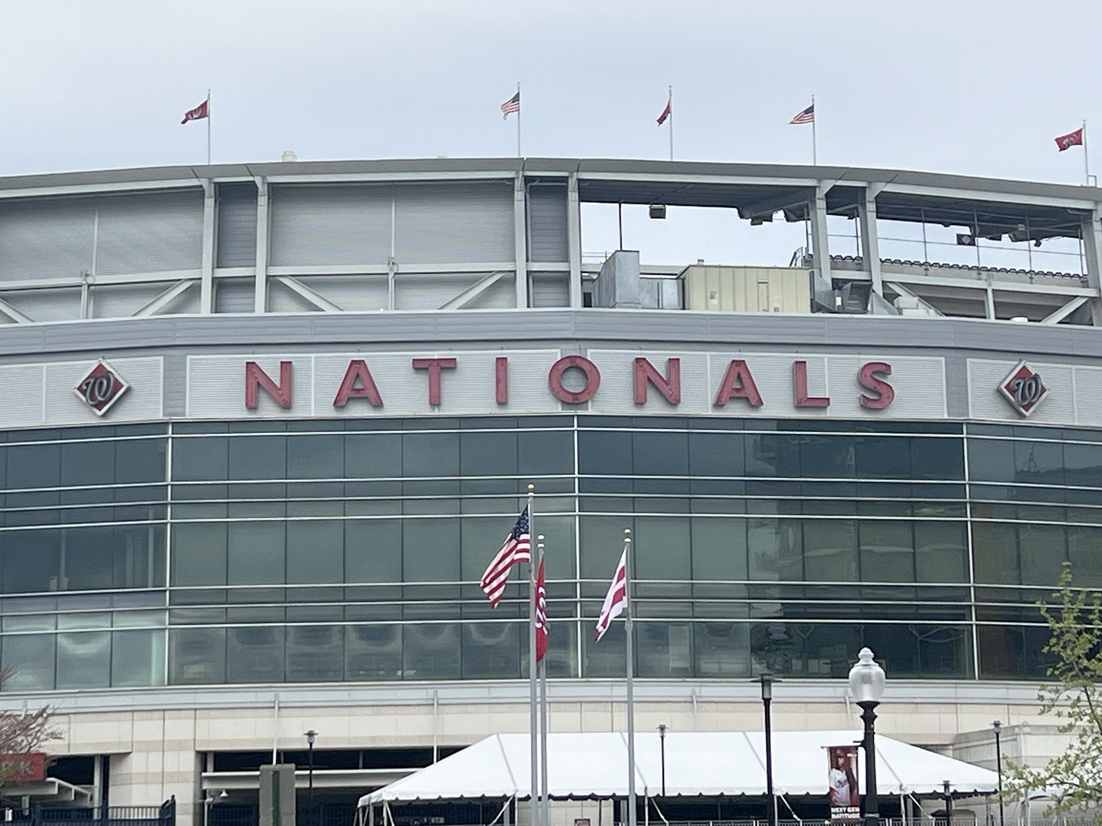 Exterior signage in front of Nationals Park, a baseball stadium in Washington, D.C.
