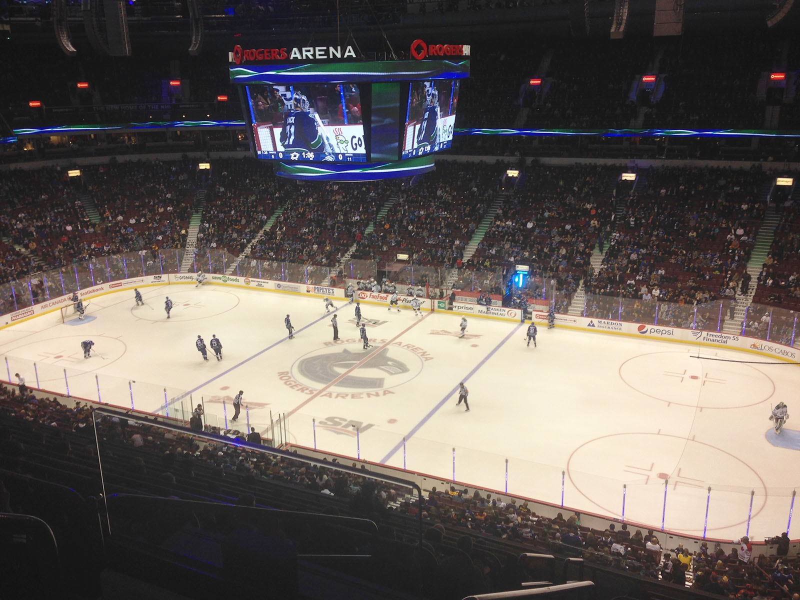 View of the rink at Rogers Arena in Vancouver, British Columbia, during a Canucks hockey game